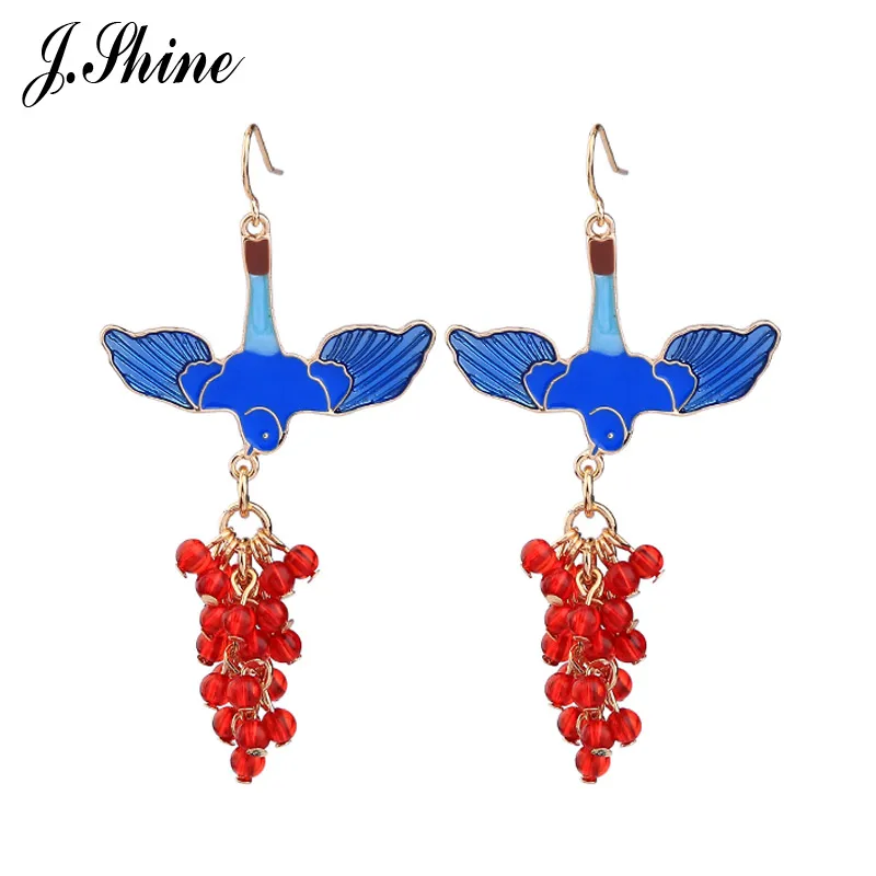 

JShine Blue Enamel Bird Red Beaded Drop Earrings for Women Korean Fashion Statement Hanging Earrings Famous Brand Woman Jewelry