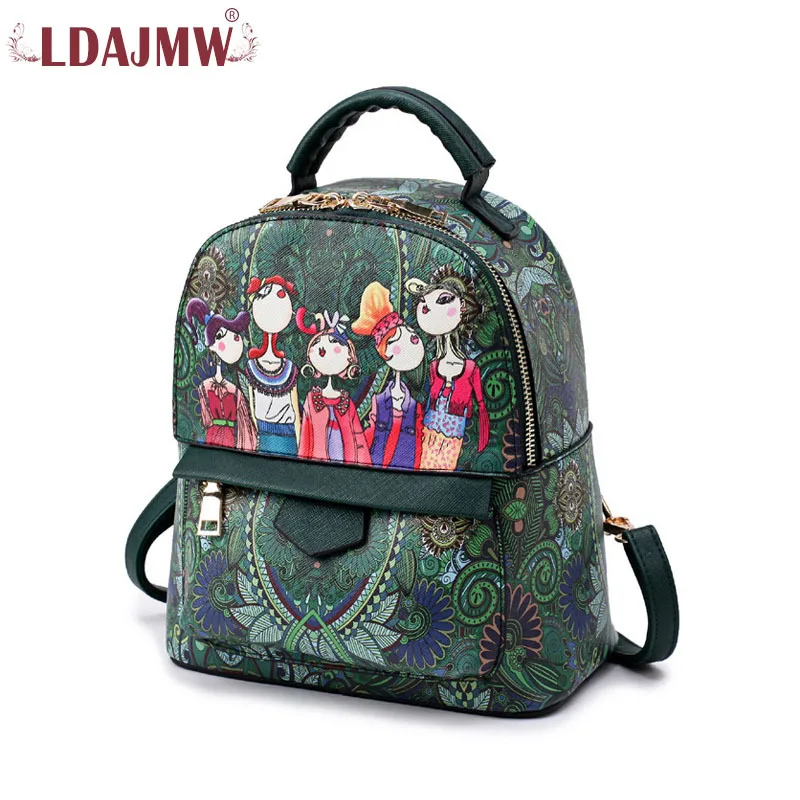 

LDAJMW Fashion Campus School Bag Girls Backpack Green Forest Cartoon Image Printing Woman Student Shoulder Bag Leather Backpacks