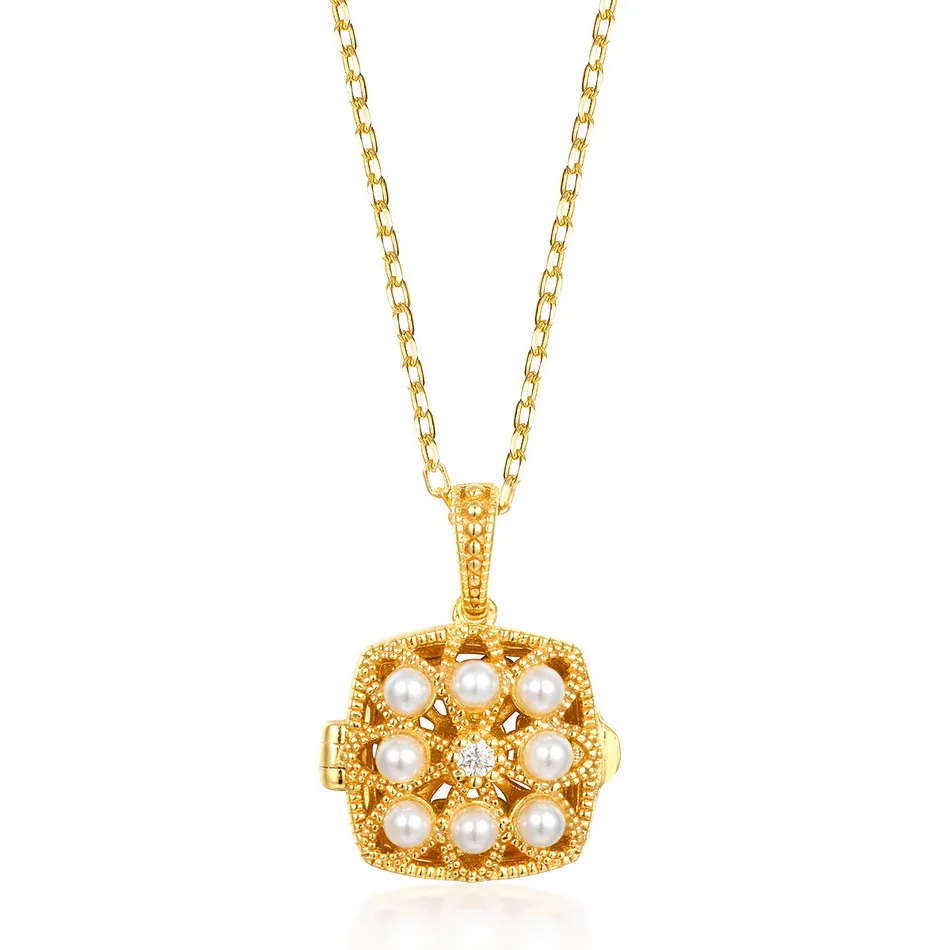 

Gothic Hollow Square 925 Sterling Silver Pearl Pendant Necklace for Women Girl Gold Plated Crystal Fine Engagement Gift Party