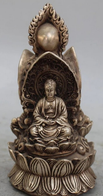 

Free Shipping 14CM China Tibet Silver 3 Faces Shakyamuni Kwan-yin Tang Seng San Buddha Statue R0707