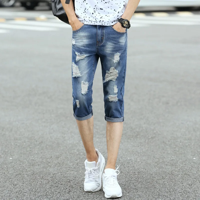 Мужские однотонные джинсовые шорты, летнее поступление, модные рваные джинсовые шорты, мужские свободные повседневные эластичные шорты 40