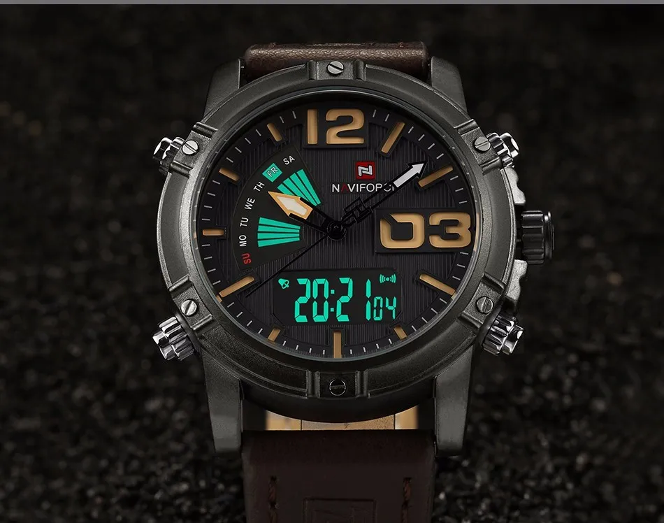 New NAVIFORCE Men Watch Dual Time Zone Alarm LCD Sport Watch Mens Quartz Wristwatch Waterproof Dive Sports Digital Watches