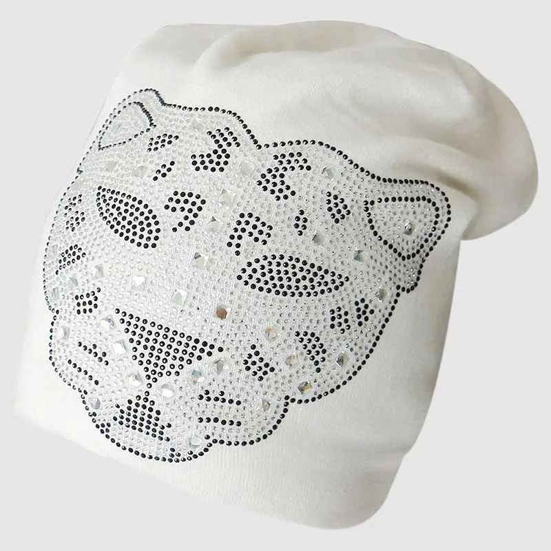 GZHilovingL/осенне-зимняя женская Шапка-бини в стиле хип-хоп, леопардовые шапки с алмазами, мягкие черные хлопковые шапки-бини - Цвет: white