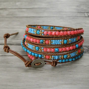 

Blue natural stone bracelet pink coral beads bracelet leather boho beads wraps bracelet yoga jewelry bohemian summer