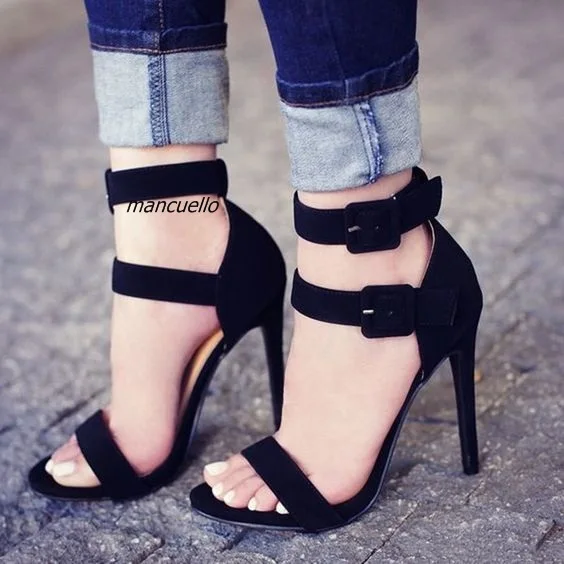 

Fancy Black Suede Thin Heel Sandals Women Concise Design Line Buckles Style Open Toe Stiletto Heel Dress Sandals Pretty Shoes