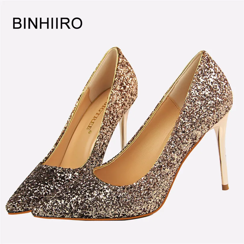

BINHIIRO Spring Autumn Woman Sequined Cloth Thin Heels Pumps Pointed Toe Luxury Bling wedding Bridal Shoes For Women Party Shoes