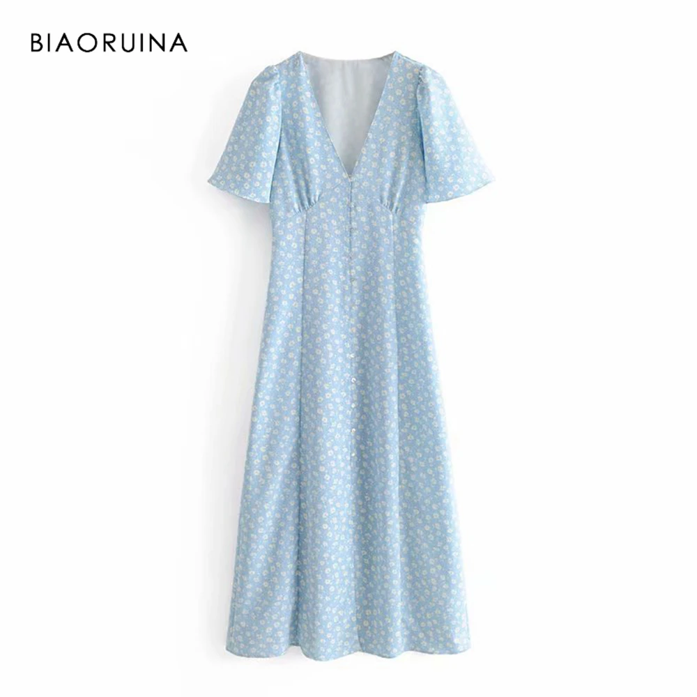 

BIAORUINA Women American Style Blue Beach Dress Female Floral Printed Summer Deep V-neck Dress High Waist Dress Vestidos