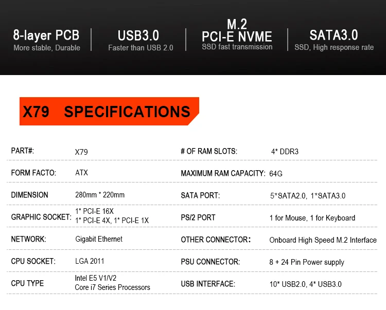 Kllisre X79 комплект материнской платы с Xeon E5 2690 C2 4x8 ГБ = 32 Гб 1600 МГц DDR3 память ECC Reg ATX USB3.0 SATA3 PCI-E NVME M.2 SSD