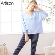Artizan/женская одежда для сна из хлопка с u-образным вырезом и длинными рукавами, свободные пижамные комплекты PJ
