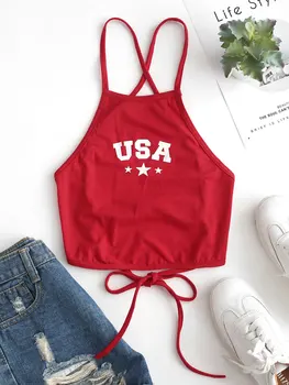 

ZAFUL Star Letter Print Lace Up Cami Tops Women Summer Lace Up Crop Top Spaghetti Strap Criss-Cross Casual Tank Top Basic Wear
