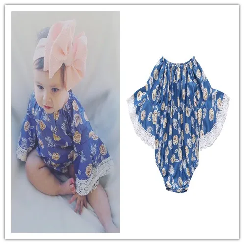 

baby girl Bodysuit blue Floral print Lace jumpsuit Newborn clothes Toddler Infant clothing Sunsuit Outfits