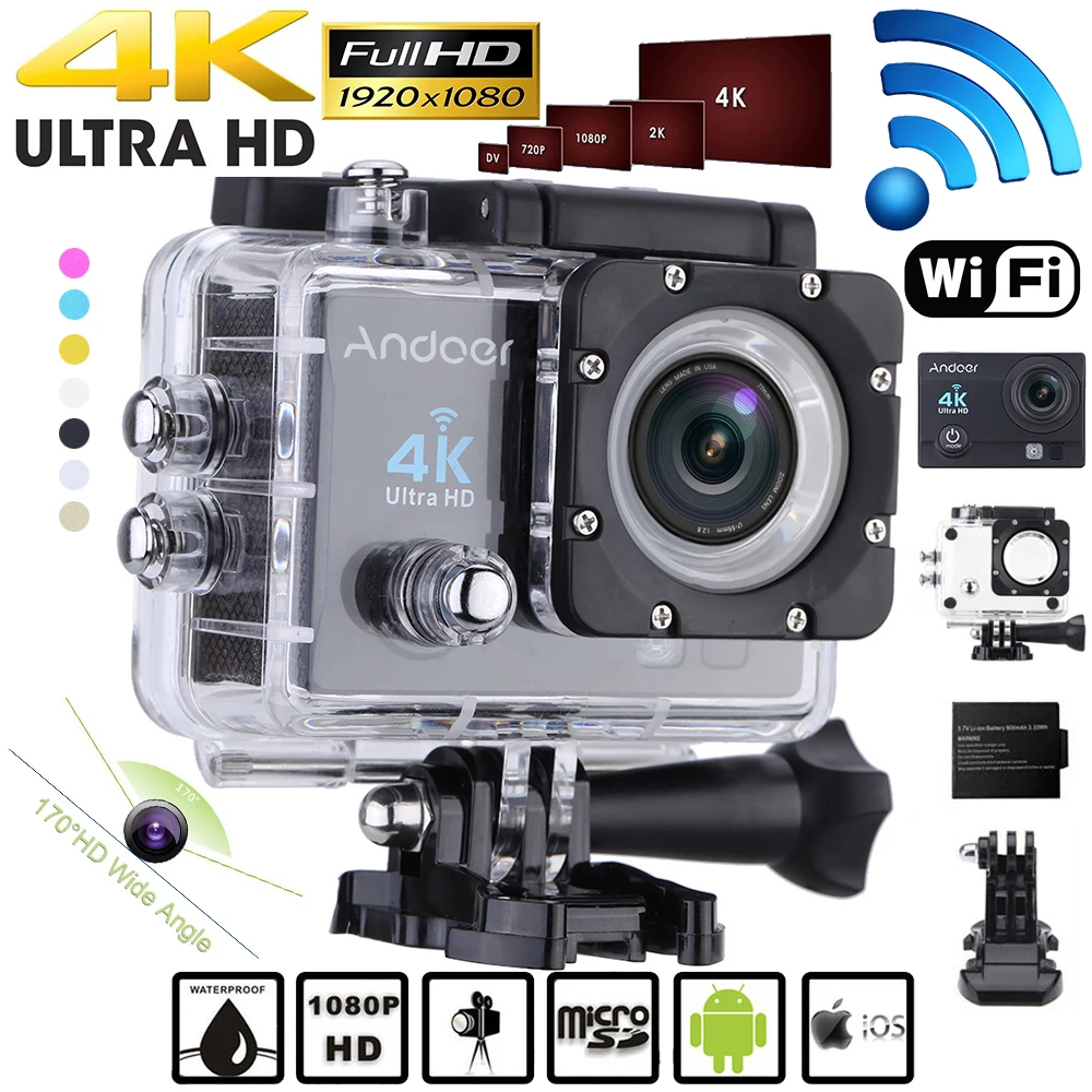 Andoer Q3H " ультра-hd ЖК-дисплей 1080P 4K экшн Камера Wi-Fi 16MP 170 широкоугольный объектив с фокусным расстоянием спортивная видеокамера для подводной съемки с Водонепроницаемый чехол для видеокамеры