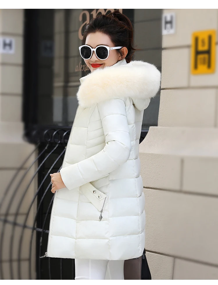 Зимняя пуховая Хлопковая женская куртка с капюшоном, пальто, плюс размер, тонкая Теплая стеганая длинная верхняя одежда, однотонная женская повседневная куртка с меховым воротником 3XL