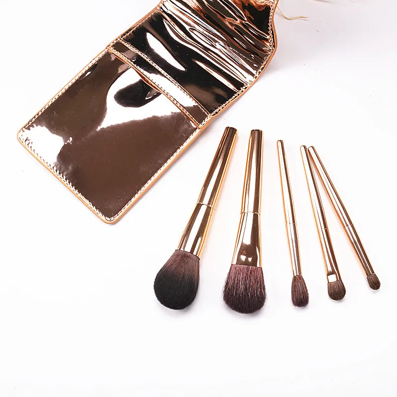 

Korean Fashion Golden 5Pcs Goat Hair Mini Makeup Brushes Kit with Leather Bag Powder Blush Blending Brush Eye Nose Shadow Brush