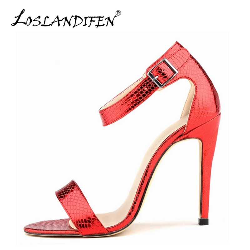 

LOSLANDIFEN Fashion Summer Women Pumps Thin High Heels Shoes For Woman Open Toe Sexy Crocodile Printing Wedding Shoes 102-3XEY