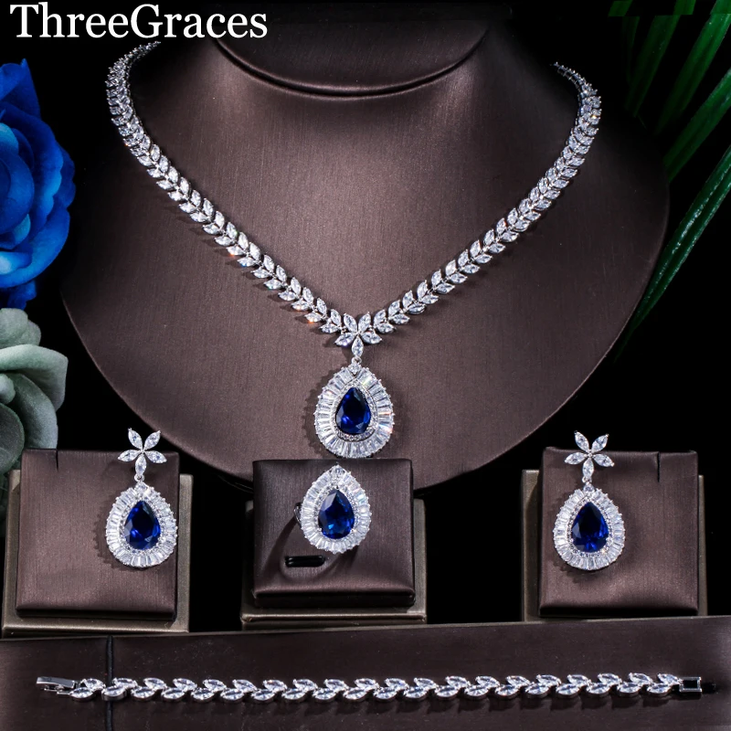

ThreeGraces 4pcs Nigerian Big Water Drop Cubic Zirconia Royal Blue Rings Earrings Necklace Jewelry Set for Women Wedding JS140