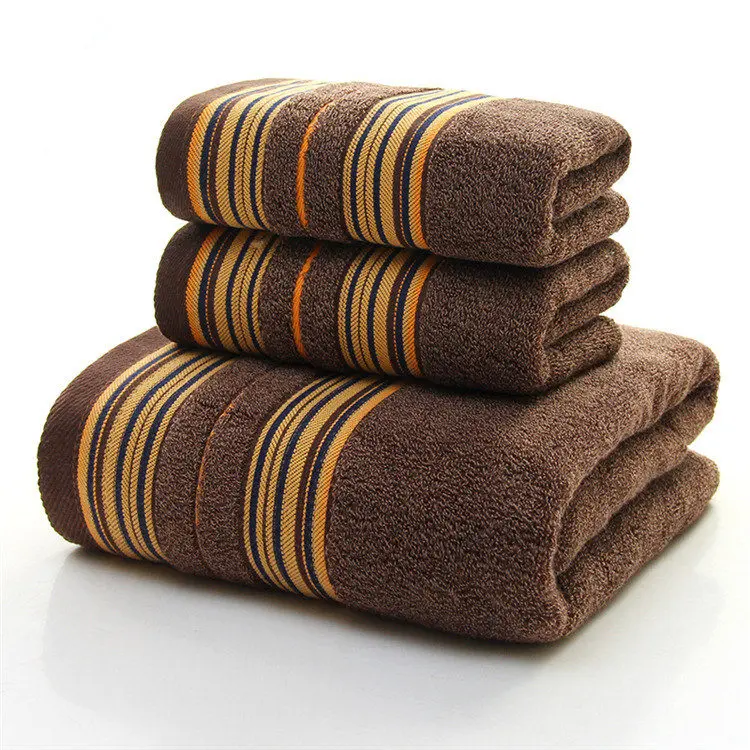 ZHUO MO 3-Pieces Thicker Stripe Pattern Soft Cotton Towel Set Bathroom Super Absorbent Bath Towel blue gray brown Face Towels