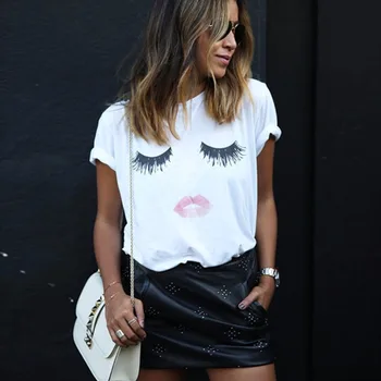 

Casual Summer Women Tops Pullover Short Sleeve O-neck Eyelash Red Lips Print White T-shirt New