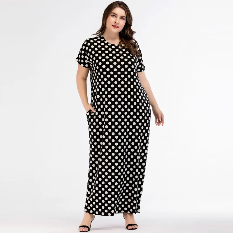 

Women Polka Dot Plus Size Summer Abaya Muslim Dress Islamic Arabic Abayas Short Sleeve Dress Pakistani Dubai Dresses
