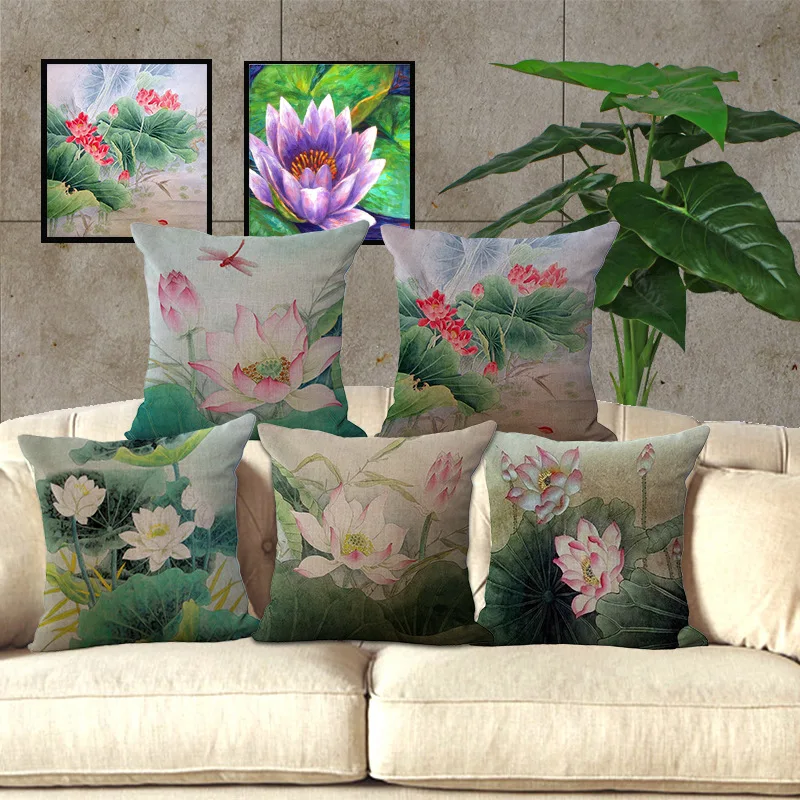 

Wholesale price Lotus Series Painting Seat Cushion Decorative Home Decor Sofa Chair Throw Pillows Case 1pieceX45*45cm P1003