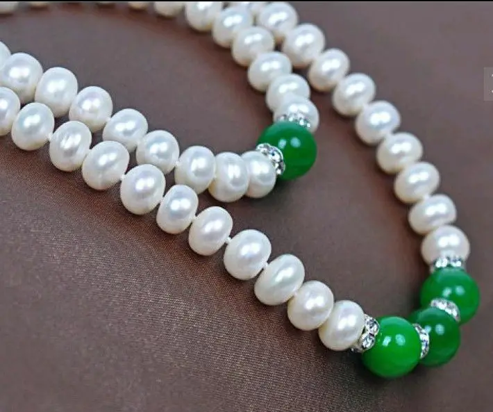 

7-8mm freshwater cultured white pearl necklace bracelets + 8mm emerald 18"7.5