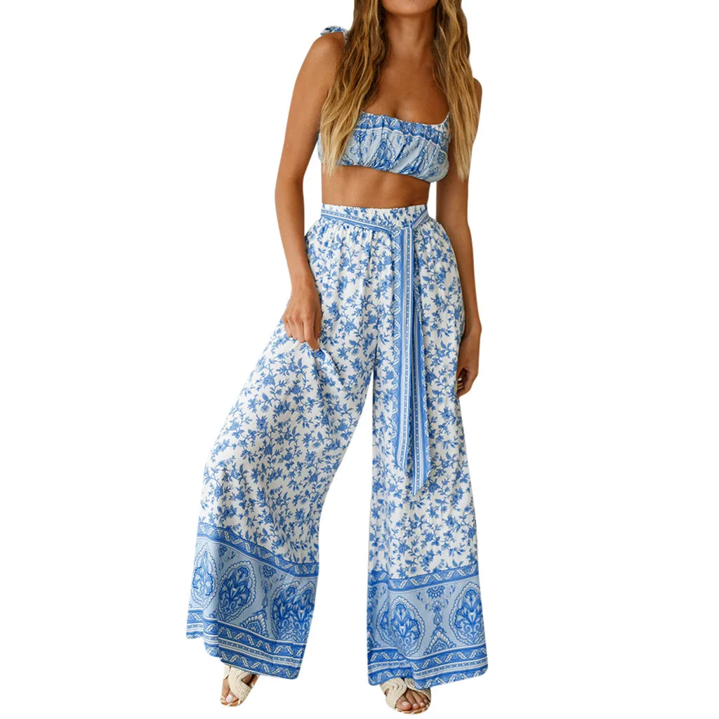 

JAYCOSIN Women Set Clothes Sexy Two Piece Set Off Shouder Sling Top And Long Wide Leg Pants Boho Summer Beach Matching Sets 2019
