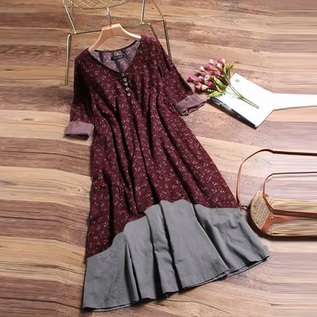 

Feitong Women Summer Dress Floral Printed O-Ncek Layered Long Sleeve Button Vintage Dress Casual Plus Size Women Dress