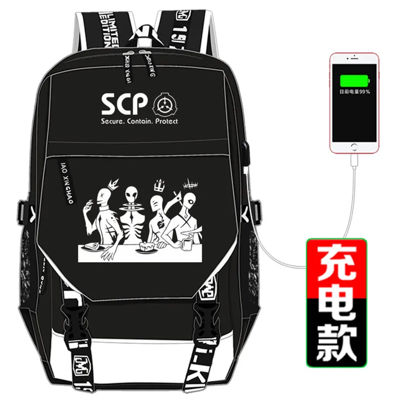  SCP Special Containment Procedures Foundation School Bag Printing Backpack USB Charging Laptop Back