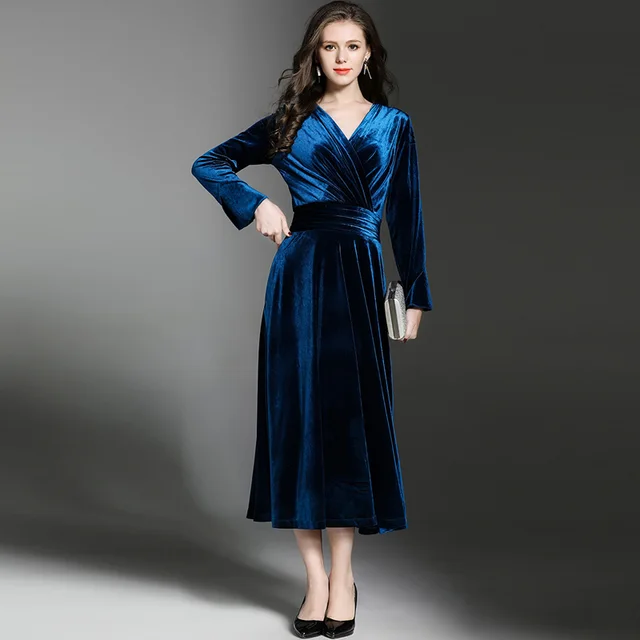 Paon Velours Bleu Maxi Robe D'hiver Robes Femmes 2018 Robe Longo Col V