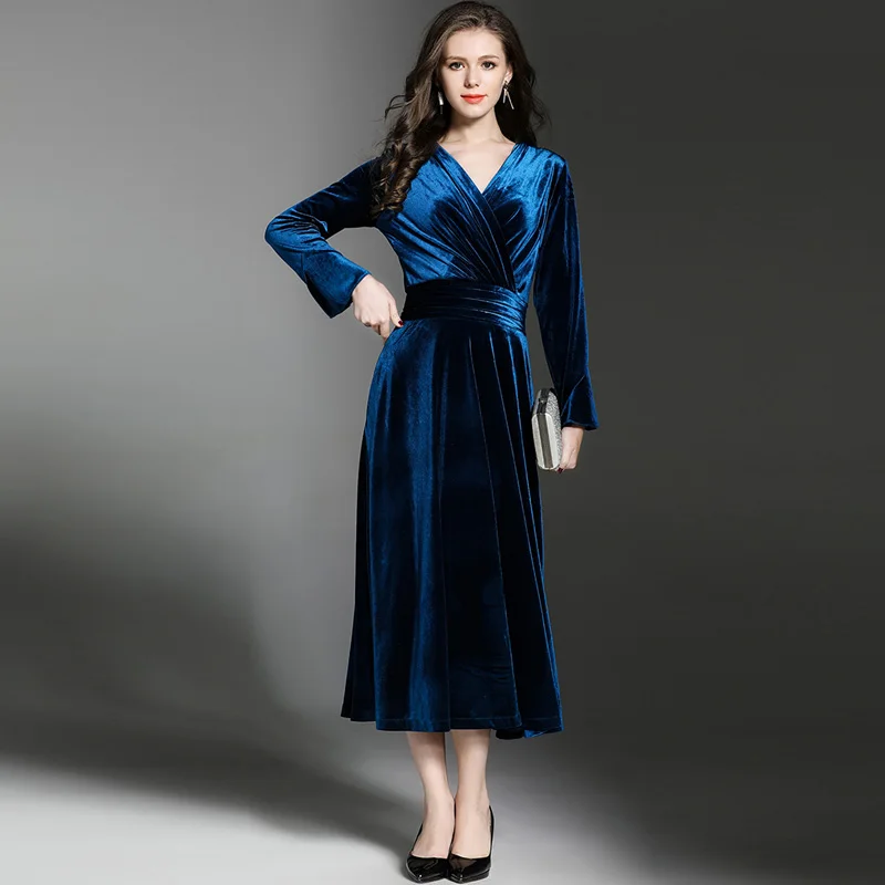 Peacock Blue Velvet Maxi Dress Winter Dresses Women 2018 Vestido Longo V-neck Big Pendulum Long Evening Party Dresses K323780
