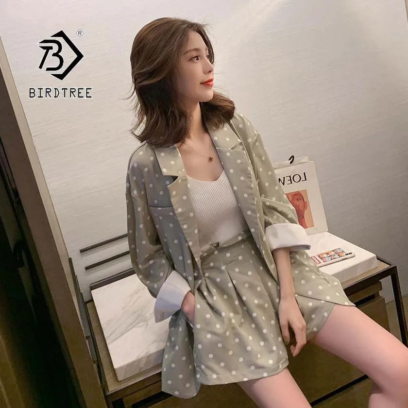 

2019 Summer New Women's Blazer Short Pants Suit Polka Dot Temperament Elegant Thin Notched Elastic Waist Hot Sale S96902D