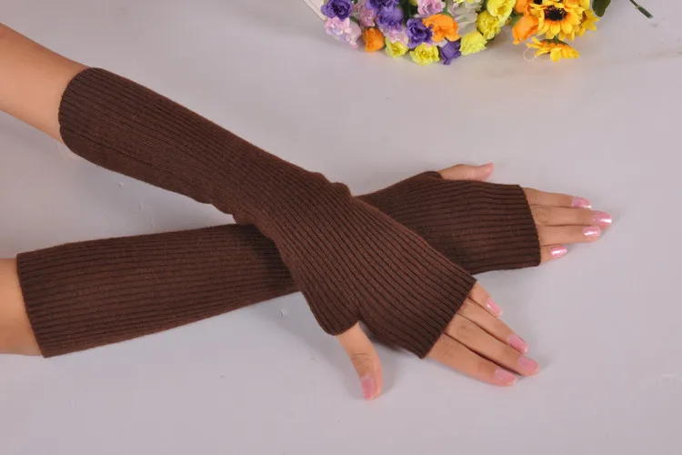 Женские зимние гетры, кашемировые длинные перчатки без пальцев, одноцветные теплые варежки, женские вязаные перчатки с рукавами 40 см - Цвет: Brown