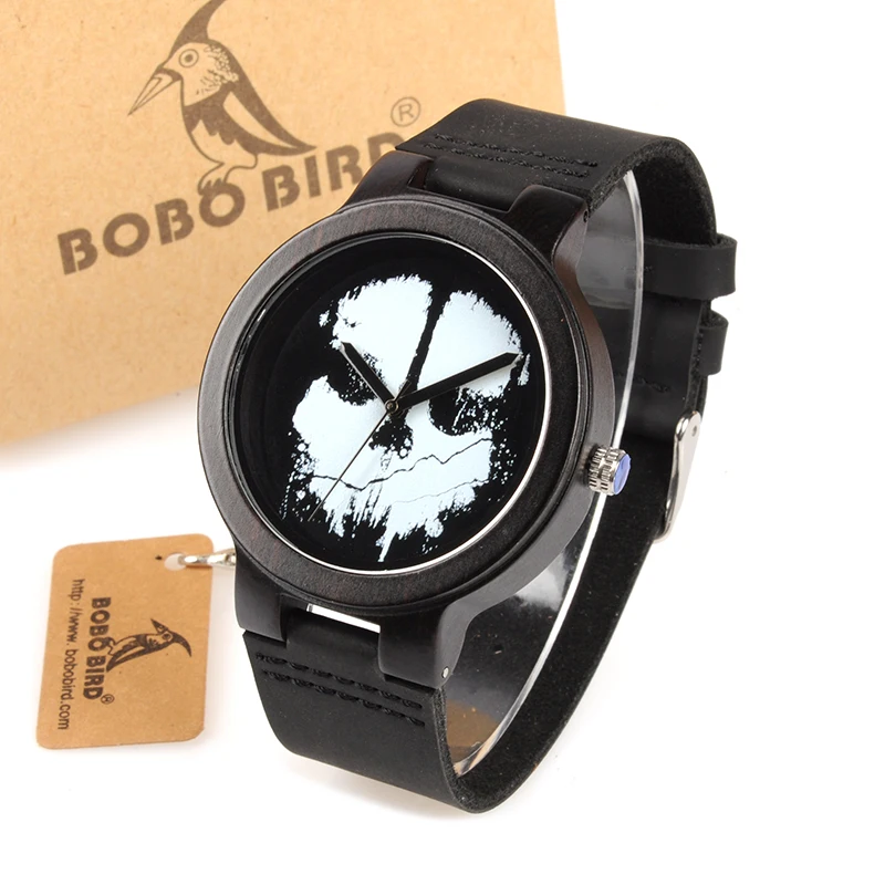 BOBO BIRD WD24 Ebony Wooden Watch for Men Cool Skull Printing Dial Face Quartz Watches accept OEM Drop Shipping