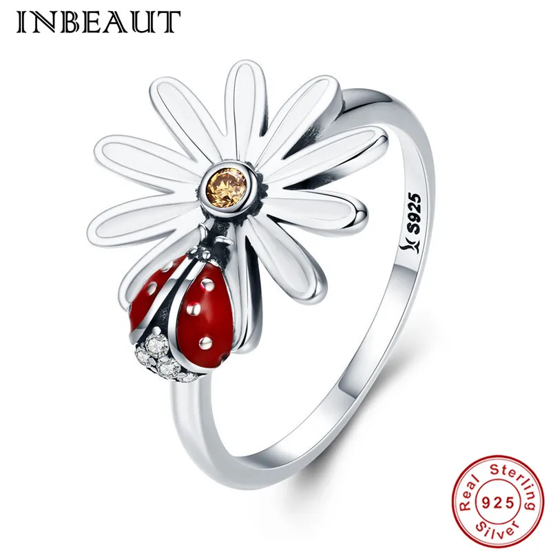 

INBEAUT 100% Real 925 Sterling Silver Cute Beetle Elegant Brown Zircon Daisy Flower Ring for Women Lovely Animal Shaped Jewelry