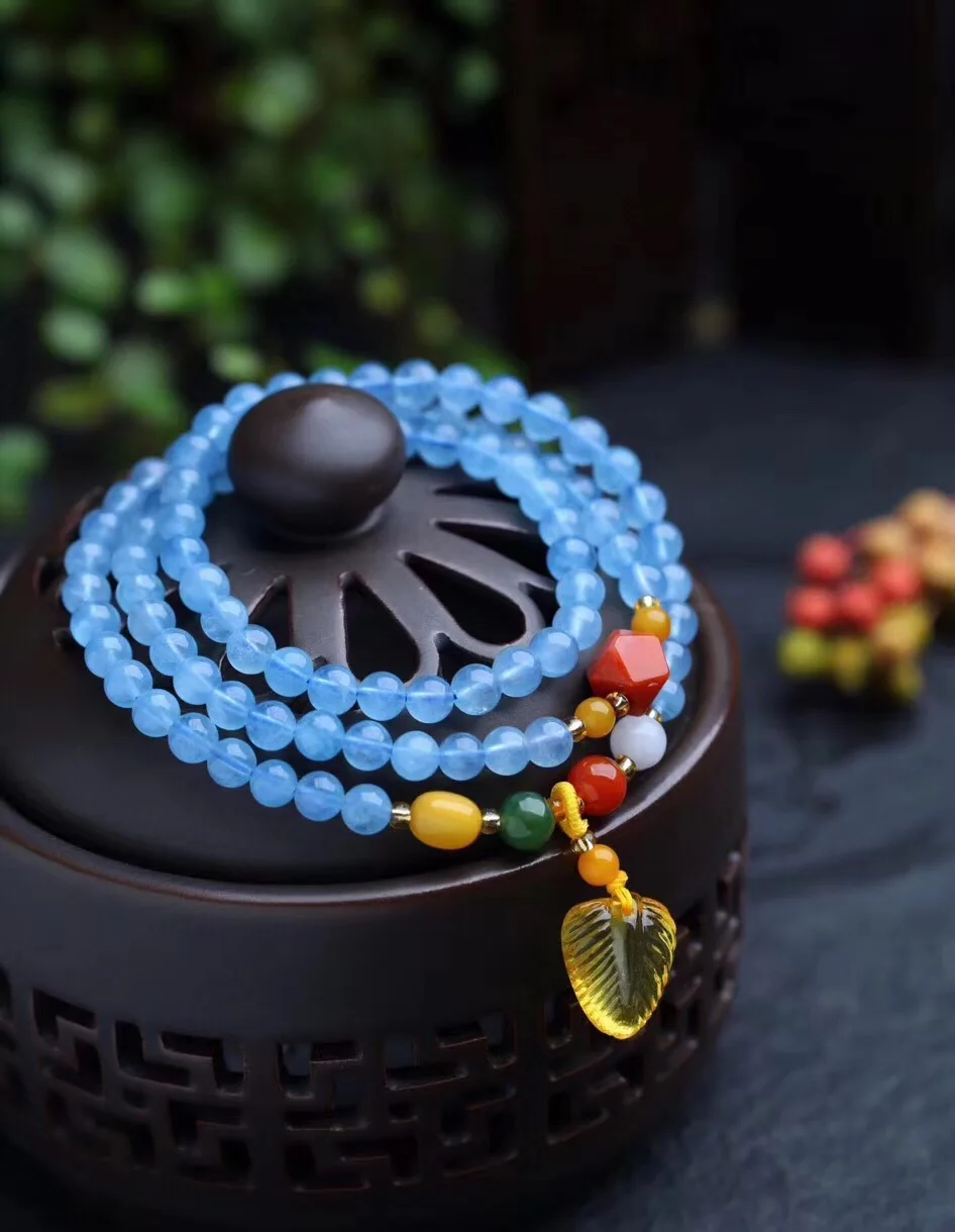 

5.6mm Genuine Natural Blue Aquamarine Bracelet With Yellow Amber Pendant Women Men Party Gift Crystal Round Bead Stone Jewelry