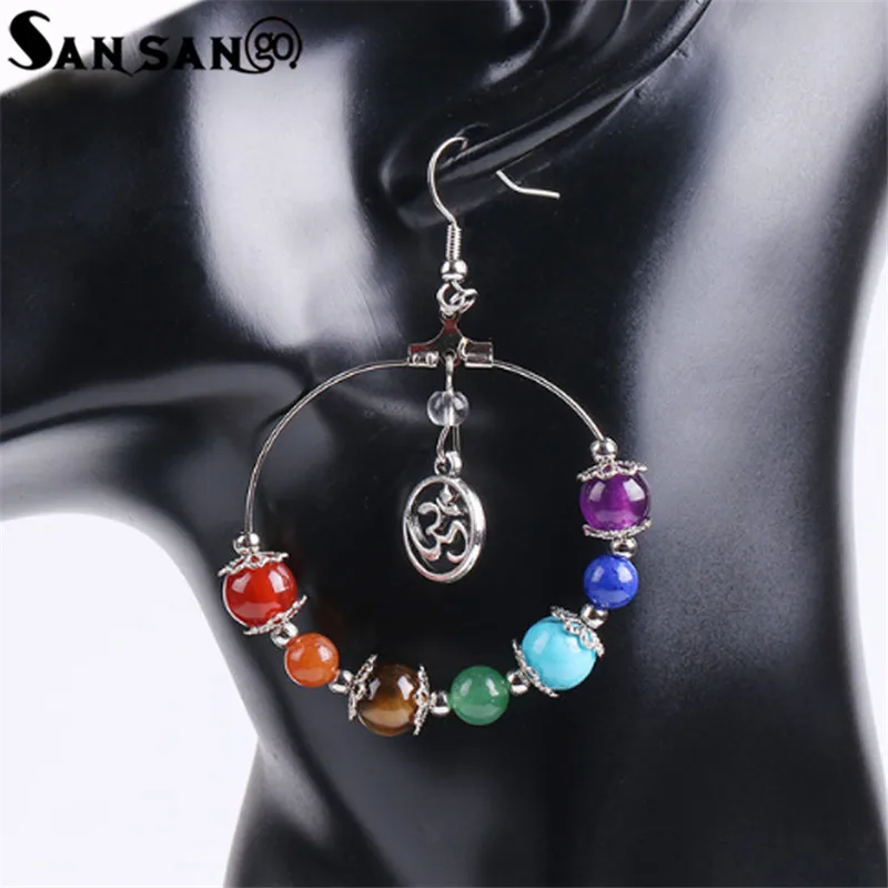 

7 Chakra Tree Of Life 3D Charms Dangling Drop Earrings Natural Colorful Stone Reiki Healing Crystal EarsJewelry For Woman