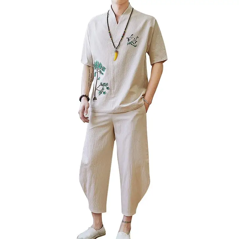 

LOLDEAL Summer New Chinese Embroidery Tree Casual Cotton and Linen Nine Pants Short-sleeved T-shirt Suit Loose Suit