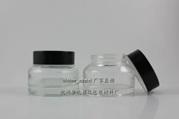 

50g clear glass cream jar with black aluminum lid, 50g cosmetic jar,packing for mask or eye cream,50g glass bottle