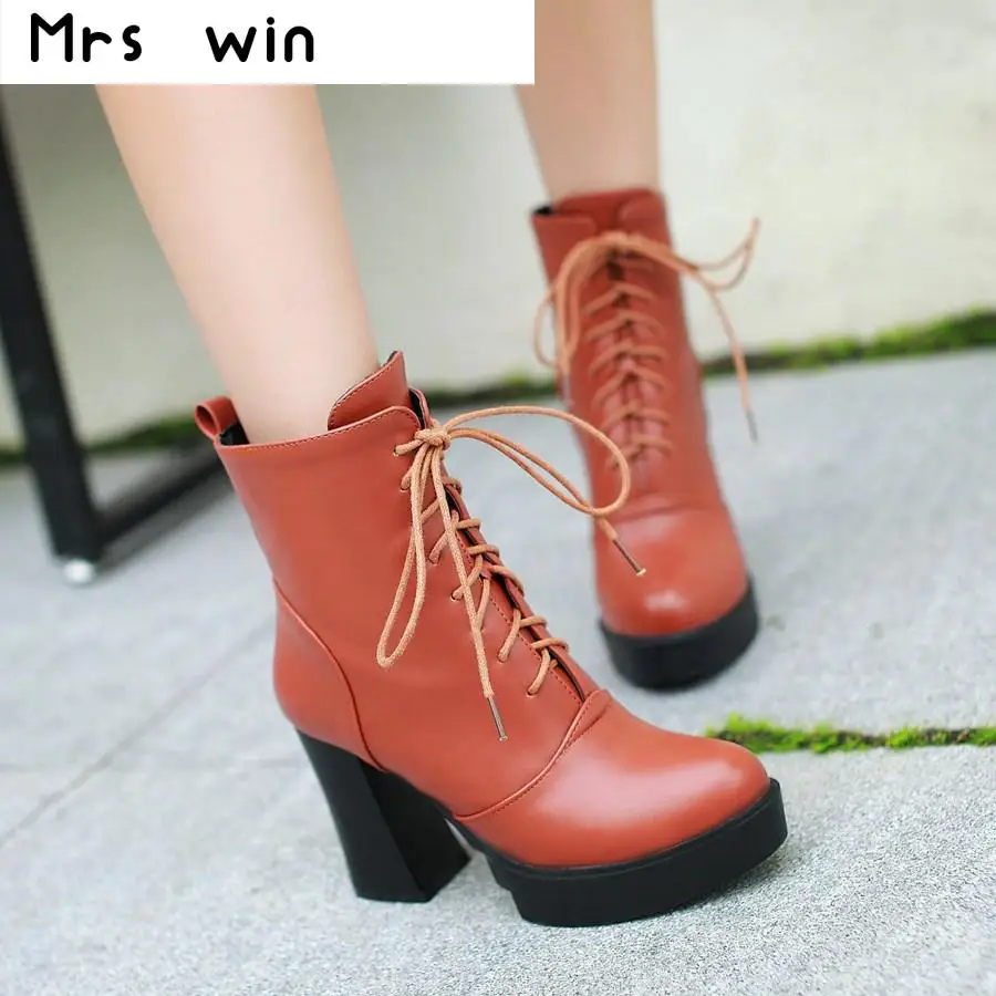 

Women Square Heels Platform Boots Ankle Boots Female Lace Up Women Shoes Fashion 2016 Spring Brand high heel boots