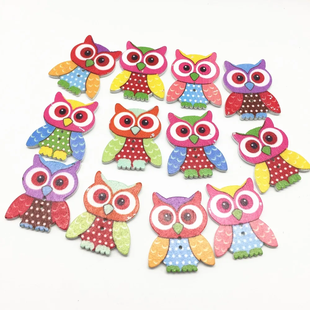100pcs 28*35mm Cute Owl Wood Buttons Multi 2 Hole Cartoon Owls Sewing