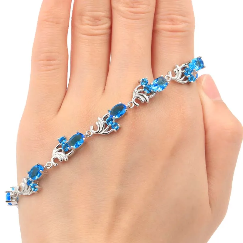 

SheCrown Paris Blue Topaz White CZ Ladies Gift Silver Bracelet 7.0-7.5in 22x9mm