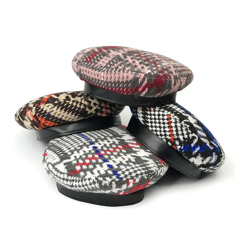

4 Colorsways Autumn Winter Fashion Houndstooth And Plaid Berets Hats For Women Cap Best Matched Painter Hat