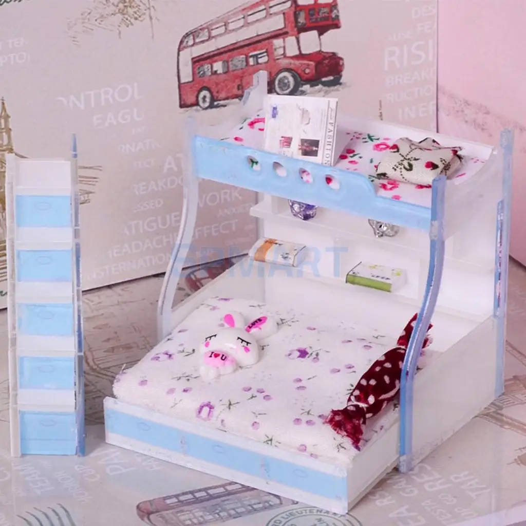 1/12 Dollhouse Miniature Children Bedroom Furniture Bunk Bed Double Bunk with Accessories Sky Blue Color