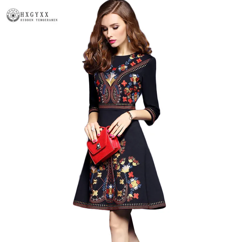 2020 Spring Autumn Dress Women O-neck 3/4 Sleeve Embroidery Elegant Dress Vintage Medium OL Work A-line Party Dress okb622