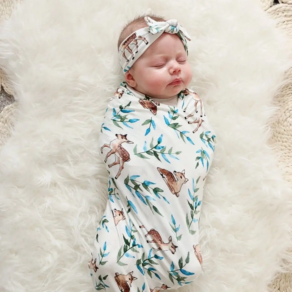 

Infant Kid Baby Swaddle Blanket Sleeping Swaddle Muslin Wrap+Headband 80X80CM