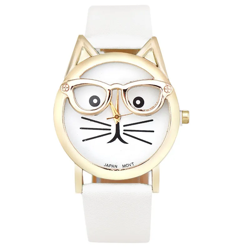 Watch Women Girl Student Steel Case Leather Casual Fashion Female Glasses Cat Watches Luxury Brand Bracelet Quartz huismerk kopen in de aanbieding