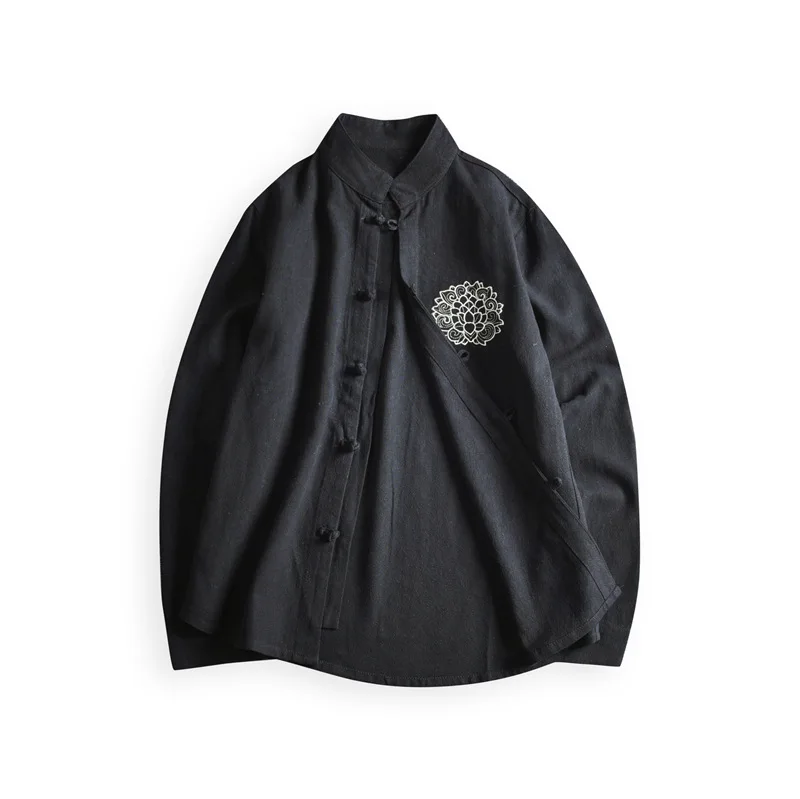 

New cotton linen high-grade clothes men's wear disc button lotus embroidery long sleeve shirt Chinese tang 80s style shirts