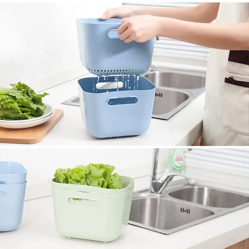 2pcs/set Double Washing Basket Plastic Kitchen Vegetable And Fruit