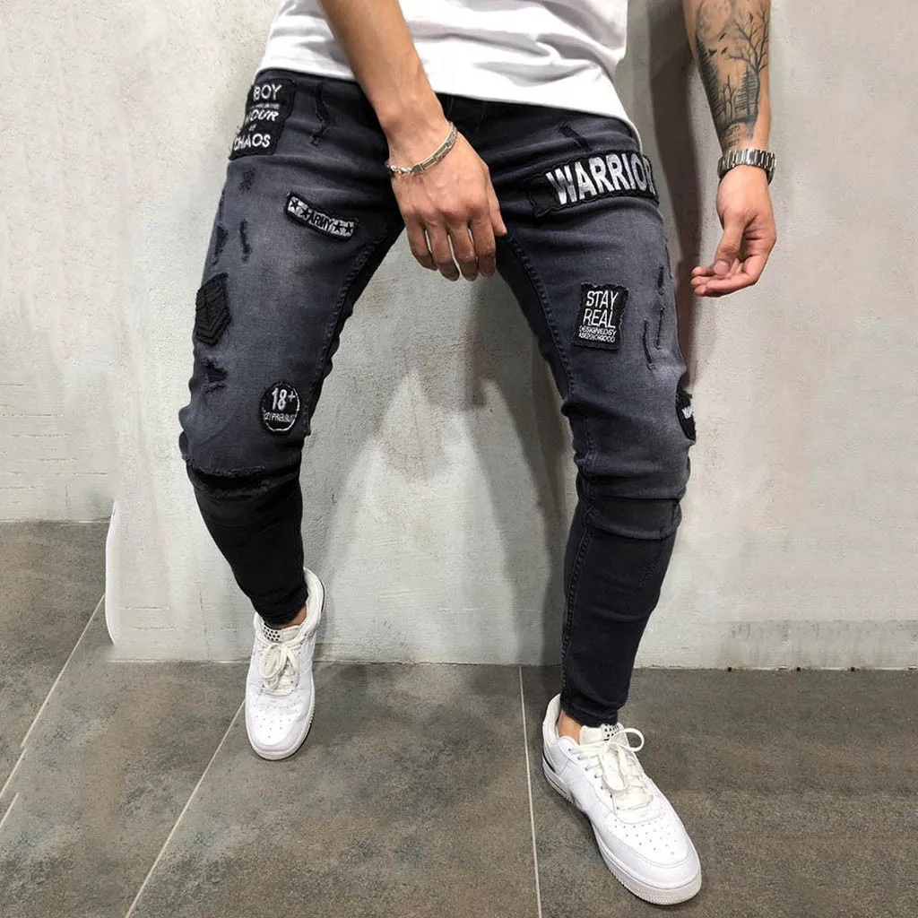 Mens Stretch Denim Pant Distressed Ripped Freyed Slim Fit Pocket Jeans Trousers Skinny Jeans Elastic Waist Male Trousers