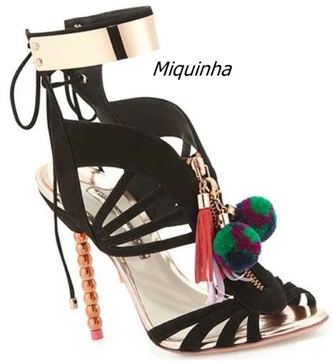 

Unique Design Colorful Pompom Decorated Heels Strange Thin Heel Slingback Sandals Fancy Women Open Toe Lace Up Dress Shoes